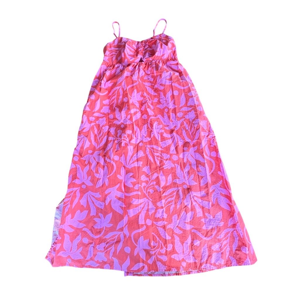 Time and Tru Pink Orange Floral Cotton Midi Dress XS 0-2 Cutout Smocked Vacation